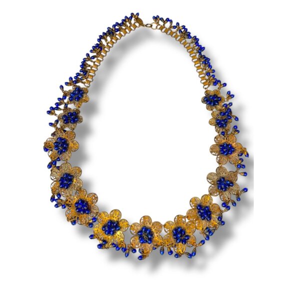 Vintage Miriam Haskell Filigree Floral Necklace Blue Glass Beads 1930s Pre-war - Picture 3 of 16